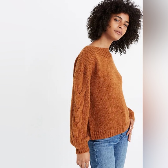 Madewell Cable-Sleeve Boatneck Boxy Cropped Wool Sweater in Saddle Brown Size XS - Picture 2 of 11